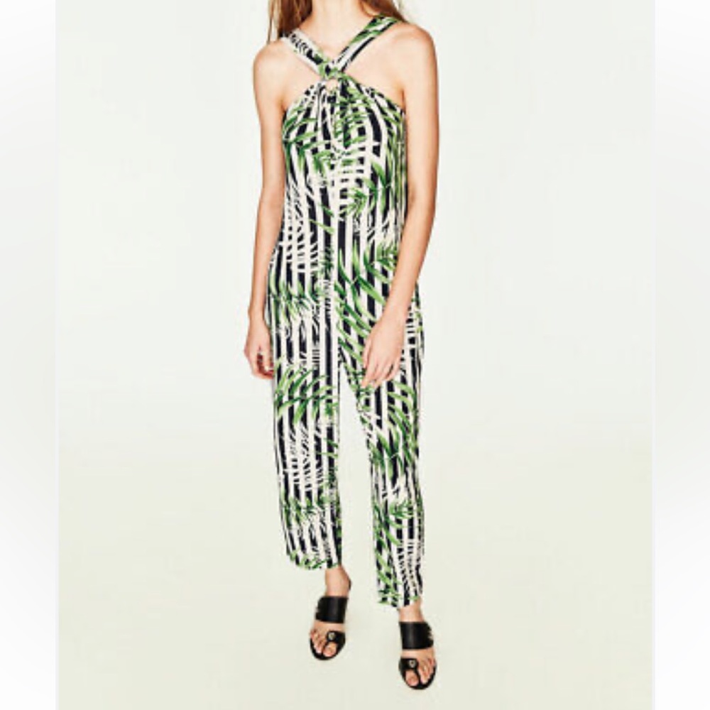 Zara Trafaluc Collection striped & leaf print one piece halter jumpsuit Size M